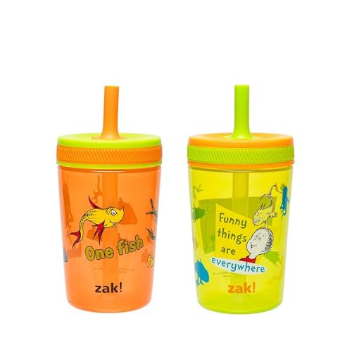 Zak Designs Dr. Seuss Kelso Toddler Cups For Travel or At Home, 15oz 2-Pack Durable Plastic Sippy Cups With Leak-Proof Design is Perfect for Kids (One Fish, Two Fish, Red Fish, Blue Fish)