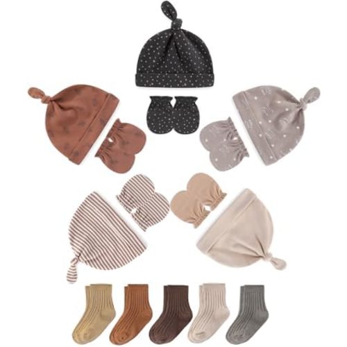 Newborn Baby Hats Mittens and Socks Set Infant Cotton Beanie Caps No Scratch Gloves for Boys Girls 0-6 Months