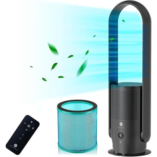 ULTTY Bladeless Tower Fan with HEPA Filter, 90° Oscillating Tower Fan, Remote Control, Touch, 8H Timer, 9 Speeds, Powerful Floor Fan for Bedroom Room Home Office, CR022, Black