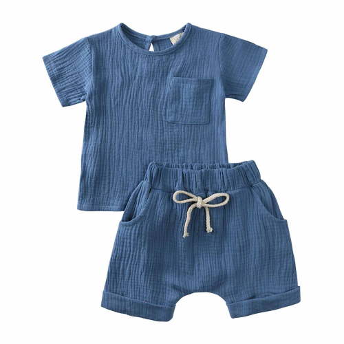 FRSASU Children'S Clothing Summer Crepe Gauze T-Shirt Short Sleeve Shorts with Pocket Two Piece Set Multi-Color Style Blue 9-12 Months