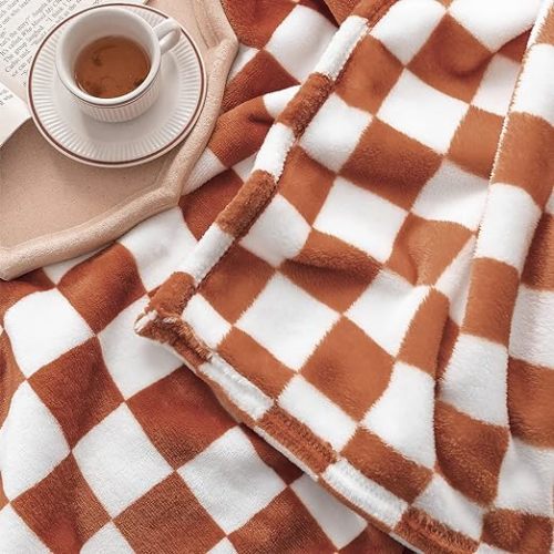 LOMAO Throw Blankets Flannel Blanket with Checkerboard Grid Pattern Soft Throw Blanket for Couch, Bed, Sofa Luxurious Warm and Cozy for All Seasons (Maple Brown, 90"x90")