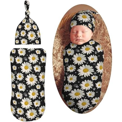 White Daisies Newborn Swaddle Blankets Hat Sets Soft Baby Receiving Blanket Swaddle Sack for Baby Shower Infant Boy Girl Gift