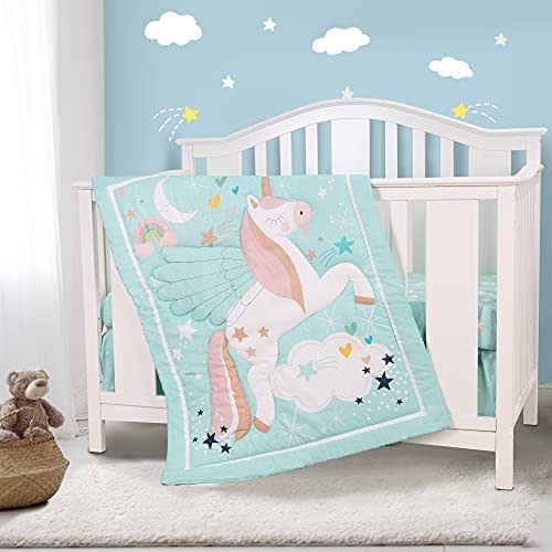 Honkaii Unicorn Crib Bedding Sets 4pcs for Girls and Boys Neutral, Baby Nursery Bedding Set, Comforter, Crib Fitted Sheet, Crib Skirt Included for Standard Size Crib