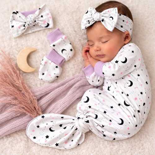 Celestial Baby Knot Gown Set: Moon & Stars Newborn Outfit