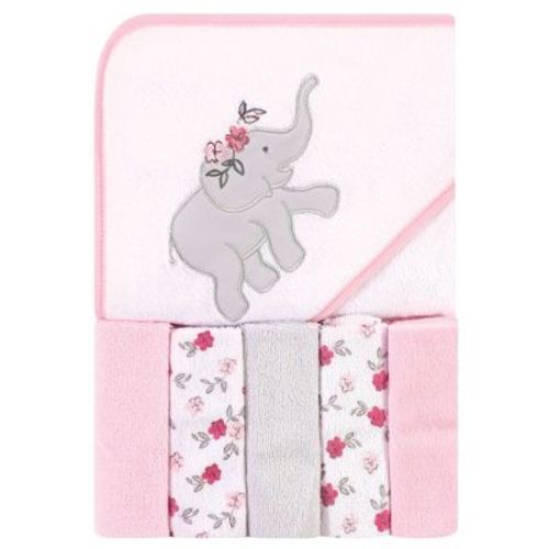 Hudson Baby Infant Girl Hooded Towel And Five Washcloths, Floral Elephant, One Size