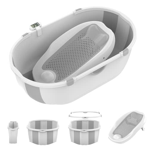 Collapsible Baby Bathtub with Bath Stand,Baby Bath Tub with Thermometer and Drain Outlet, Durable and Essential Baby Bathtub, Suitable for Babies from 0-5 Years Old to Toddlers(Grey)