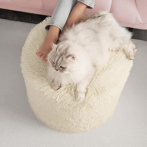 Hansleep Round Pouf Ottoman Foot Rest, 20 x 15 Small Faux Fur Stuffed Pouf for Chair, Foam Filled Foot Stools Ottomans for Living Room, Beige