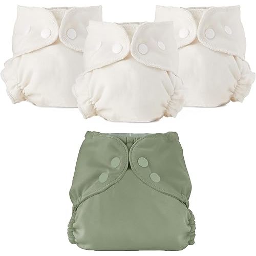 Esembly Cloth Diaper Bundle Set, 3 Organic Absorbent Inners and 1 Waterproof Recycled Diaper Cover, Reusable Washable Diapers with Snap Closure, Size 2 (18-35lbs), Aloe