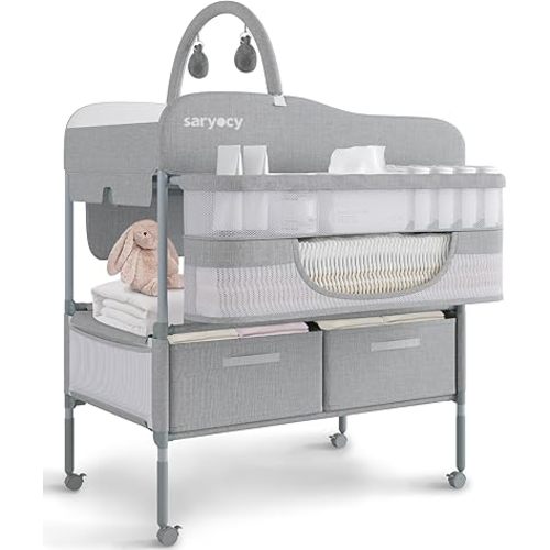 Baby Changing Table, Versatile Folding Changing Table, Waterproof Diaper Changing Station, Adjustable Height with 2 Drawers,Baby Changing Station, Mobile Nursery for Infant and Newborn