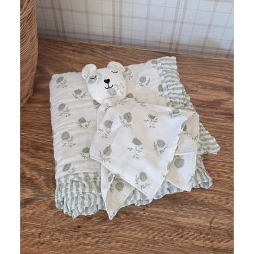 Elle Green Floral Ruffle Quilt Blanket + Bear Lovey SET