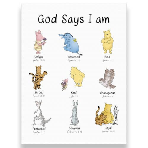 Classic Winnie Wall Art, God Says I AM Biblical Affirmations, Christian Nursery Decor, Inspirational Scripture Print, Kid's Room Decor Unframed CANVAS Print 12"X16"