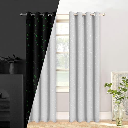Grey Blackout Curtains for Bedroom,Glow in The Dark Blackout Curtains,Black Out Curtains for Living Room,Room Darkening Curtains 63 inches Long,52 Wide,2 Panels,Star