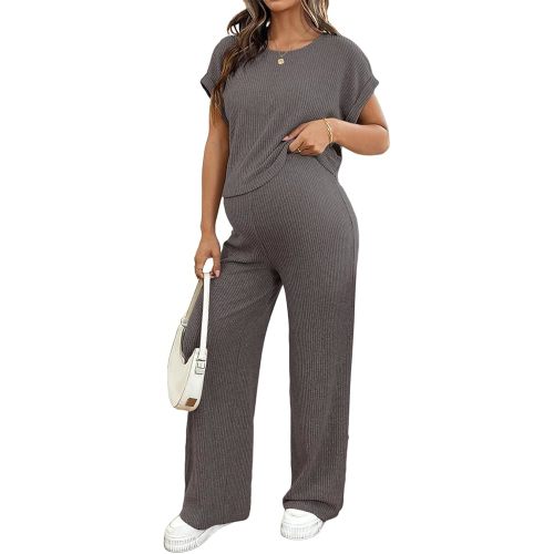 BLENCOT Maternity Clothes Ribbed Short Sleeve Maternity Pajamas Sets Sleepwear Lounge 2 Piece Matching Outfits Set