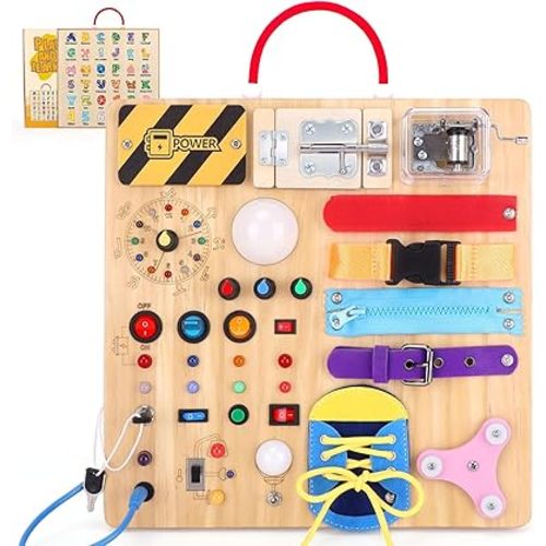 23 in 1 Busy Board Montessori Toys for 1-3 Year Old Wooden Learning Educational Toys for Toddlers with 15 Switches, 26 LED Lights, Music Boxes, Locks,Zippers Toddler Sensory Toys for Soothing A Baby