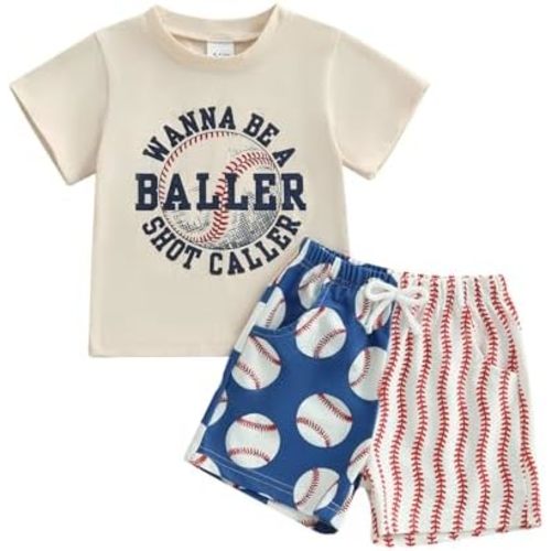Toddler Baby Boy Summer Clothes Short Sleeve Embroidery Baseball T-shirt & Plaid Shorts Set 2 Piece Outfit