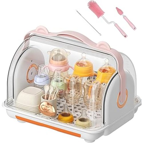 Baby Bottle Drying Rack Storage with 3 Brush, Nursing Bottle Storage Box Organizer with Cover, Portable Kitchen Cabinet Organizer, Durable countertop Dryer (Orange)