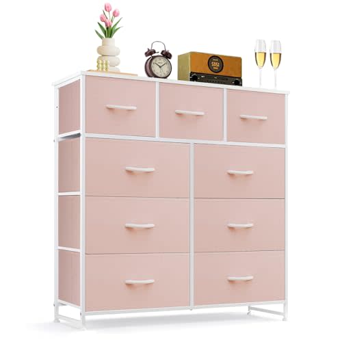 9-Drawer Dresser for Bedroom, Anti-Tip Tall Storage Organizer | Chest of Drawers with Wooden Top and Metal Frame Fabric Bins for Closet, Living Room, Hallway, Entryway, Pink