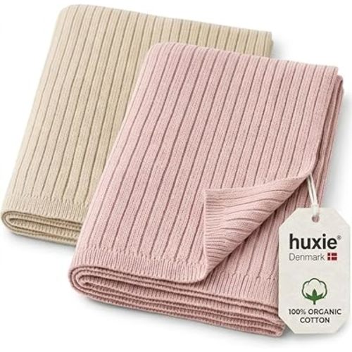 100% Organic Cotton Knit Receiving Baby Blanket for Newborns - Soft, Breathable Blanket for Crib & Stroller - Nursery Gift 2-Pack (Fog and Blush)