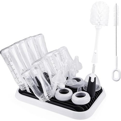 Baby Bottle Drying Rack with Brush, Large Capacity Bottle Drying Rack Tray Bottle Cleaning Brush Set with Baby Bottle Brush Nipple Brush, Straw and Bottle Cleaner Brush Set for Bottles, Teats, Pump