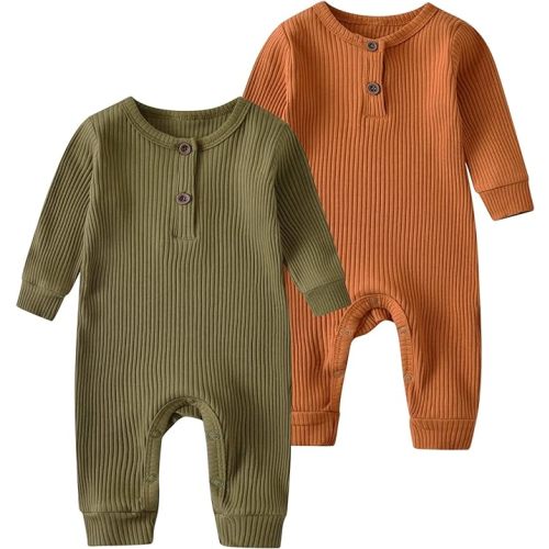 Newborn Infant Baby Boys Girls Long Sleeve Rompers Jumpsuit Unisex Button Knit Solid Ribbed Clothes - 2 pack