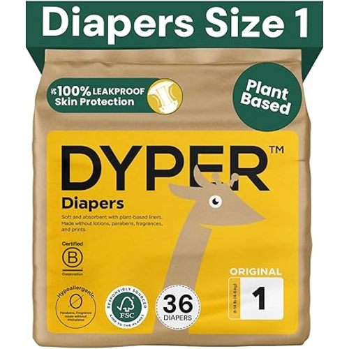 DYPER - Baby Diapers Hypoallergenic Cloth Alternative Day & Overnight Protection - Made with Plant-Based* & Skin-Friendly Ingredients - Size 1 (36 Count)