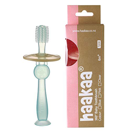 Haakaa 360° Baby Toothbrush with Suction Base Infant Silicone Toothbrush Teethers for Babies Teething Toys,1pc (Blue)