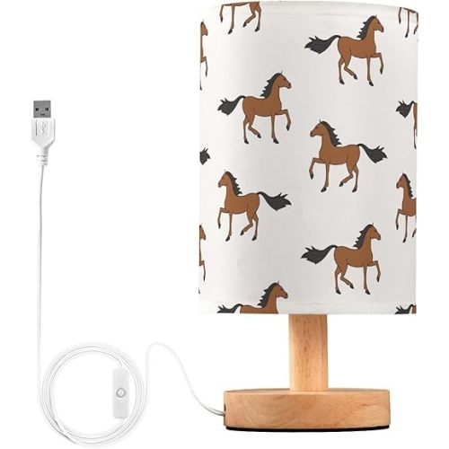 Table Lamp Brown Horse Pattern Nightstand Lamp with Wood Base Fabric Lamp Shade Bedside Desk Lamp for Living Room Bedroom Kids Room Office