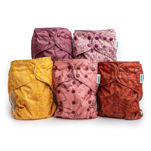 Kinder Cloth Diapers Set of 5 Reusable Baby Diapers Pocket Style Athletic Wicking Jersey, Newborn to Potty 7-60lbs, One Size, Inserts NOT Included (Sunset Flora Botanicals)