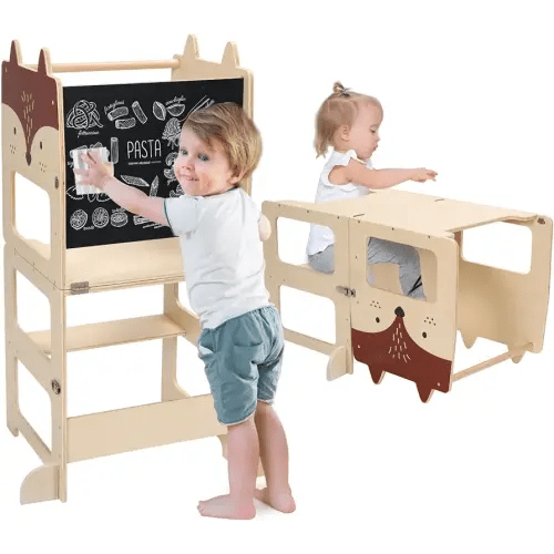 Kids Step Stool, Kitchen Stool for Toddlers, Learning Wooden Tower with Chalkboard, Foldable Toddler Table and Chair Set, 3 in 1 Standing Tower with Message Boards for 18M+