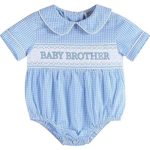 Baby Boys Light Blue Baby Brother Smocked Collared Romper