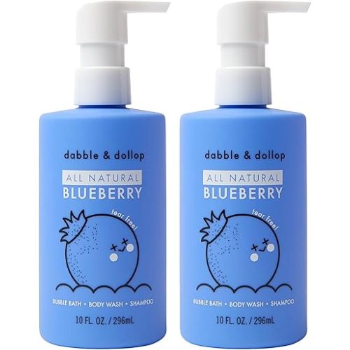 Dabble & Dollop Blueberry Body Wash & Shampoo - 3 in 1 Natural Bubble Bath for Kids, USA-Made, Paraben & Sulfate Free, Vegan, Gluten-Free, Tear-Free (10oz, Pack of 2)
