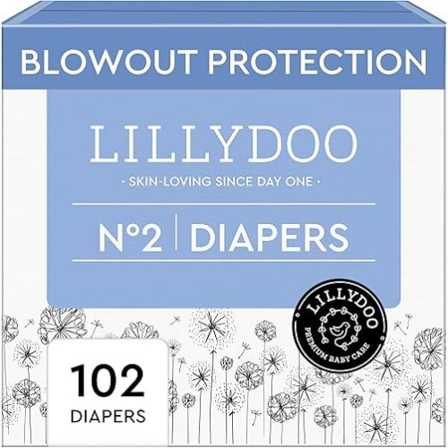 LILLYDOO Baby Diapers - Size 2 (9-18 lbs), Half-Monthly Supply (102 Count), Leak Protection, Skin-Friendly, Ultrasoft, Perfume- & Chlorine-Free, Hypoallergenic, Dermatologist Tested, Oeko-TEX®
