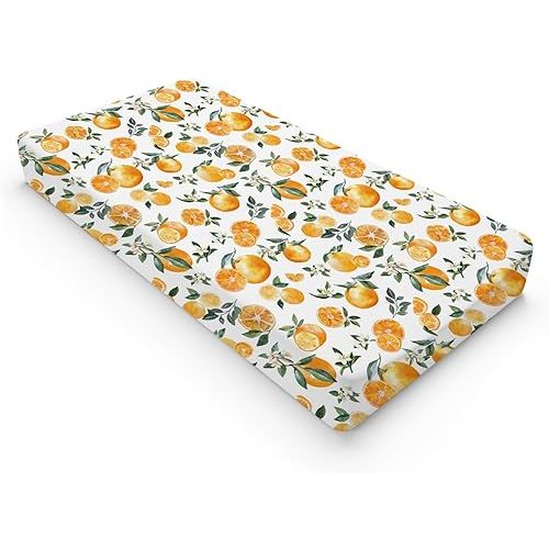 Watercolor Oranges Changing Pad Covers Retro Oranges Floral Leaves Baby Nursery Diaper Changing Table Sheets for Boy Girl Boho Summer Fruits Soft Breathable Stretch Fitted Change Table Mat 32''x16''