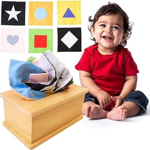 Sensory Tissue Box Toy for Babies 6-12 Months - Montessori Baby Tissue Box with Crinkle Paper, Natural Wooden Toy for Infants