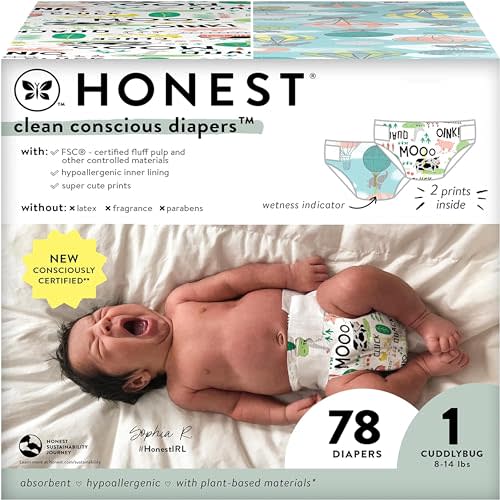 The Honest Company Clean Conscious Diapers for Sensitive Skin | Hypoallergenic, Fragrance Free | Gender Neutral Prints | Club Box, Size 1 (8-14 lbs), 78 Count