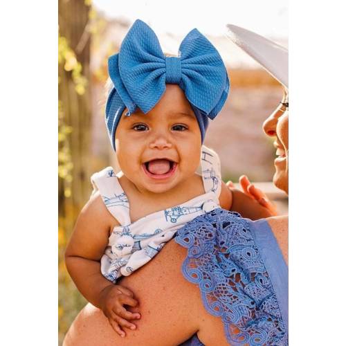 DENIM BLUE • Stand-Up Headwraps, Permanently Sewn & Pull-Proof, Big Bow Headbands, Newborn Bows, Soft and Stretchy, Baby Headwraps