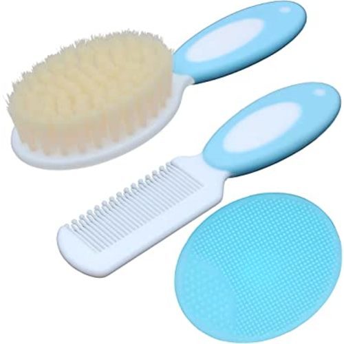 Baby Hair Brush &Silicone Baby Cradle Cap Brush Set, for Newborns & Toddlers-Natural Soft Goat Bristles-Ideal for Cradle Cap-Perfect Baby Registry Gift (Blue)