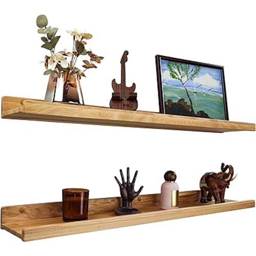 Handcrafted, Floating Shelves for Wall 36 inch, Waterproof, Wall Storage Shelves with Lip, Display Picture Ledge Shelf for Living Room Photo Frame, Natural Wood Hanging Book Shelves (Natural, Set 2)