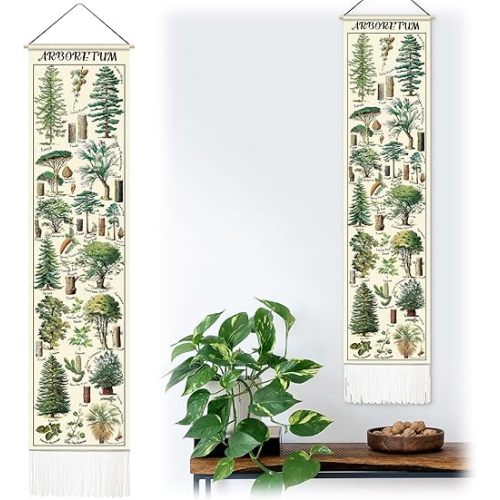 Gilprop Vintage Plant Tapestry 51 x 13 Inch Long Vertical Wall Hanging with 6 Inch Tassel Fabric Tree Tapestry Reference Illustrative Botanical Vertical Wall Hanging for Bedroom Door Home