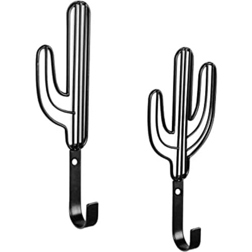 MyGift Wall Mounted Black Metal Coat Hooks with Cute Cactus Shaped Design, Decorative Hooks for Hanging Hat, Coat, Towel, Leash, Laynard, Set of 2