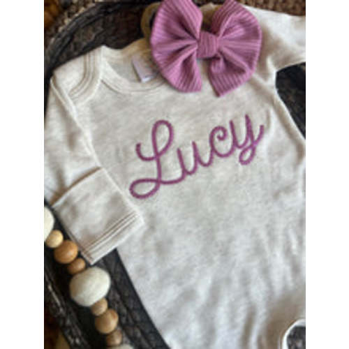Personalized Baby Girl Outfit | Oatmeal Beige Romper Ellison Purple Ch – Wonderfully Made