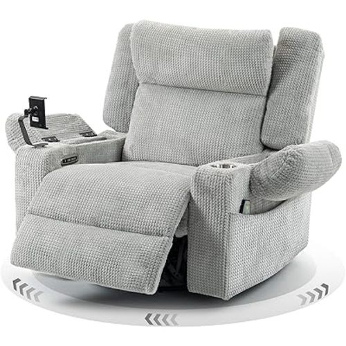 Power Oversized Swivel Rocker Recliner with Dual Motor Adjustable Headrest for Adults, Glider Rocking Chair with Vibration and Heat, USB A&C Ports, Armrest Storage, Cup Holder, Light Grey