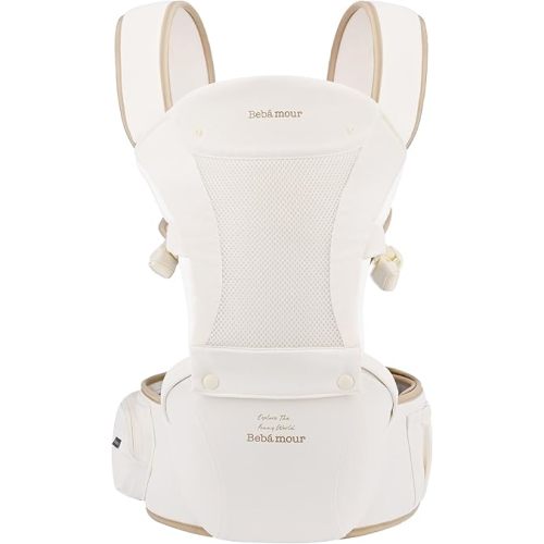 Bebamour Baby Carrier Safety-Certified Hip Seat Baby Carrier Newborn to Toddler Baby Carrier Hipseat 0-36Months with Head Hood, 3 PCS Teething Pads, Waist Extender & Storage Bag (New Khaki)