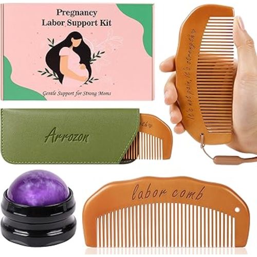 Arrozon 2 Pcs Labor Comb & Purple Massage Roller Ball Kit, Birthing Comb Labor and Delivery Essentials, Wooden Combs Hospital Bag Essentials New Mom Gift