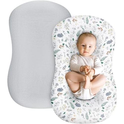 DILIMI Muslin Baby Lounger Covers, 2 Pack Newborn Lounger Cover, Soft Comfortable Removable Infant Pillow Slipcover for Girl and Boy, Gray Rabbit (Lounger not Included)