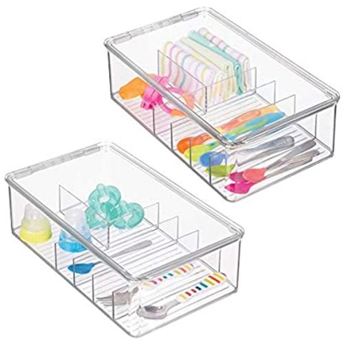 mDesign Stackable Plastic Storage Organizer Container for Kitchen Cabinets, Pantry, Countertops - Holds Kids, Child/Toddler Mealtime Sets, Small Accessories - 6 Sections - BPA Free, 2 Pack - Clear