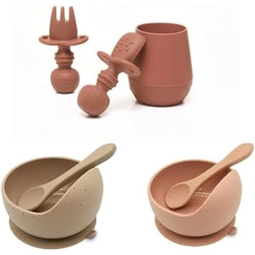 Baby Led Weaning Bundle - 4 Utensils, 2 Baby Bowls & Tiny Cup - Easy Feeding Essentials for Toddlers 6+ Months - BPA-Free Silicone Cutlery in Chic Contemporary Shades