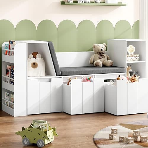 61.5" Kids Reading Nook with 3-Layer Bookshelf, Reading Nook for Kids with Double Bench and Rolling Drawers, Bookshelf and Toy Storage for Nursery, Playroom, White