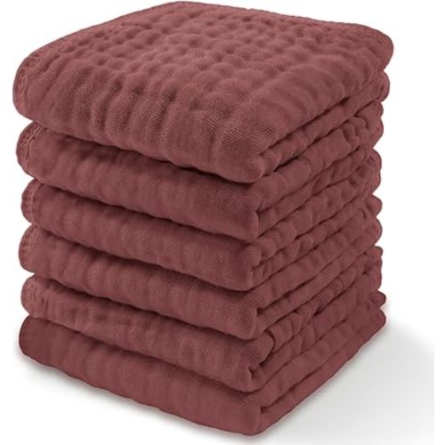 Comfy Cubs Muslin Baby Washcloths 6 Pack - Soft 6-Layer Cotton Wash Cloths for Sensitive Skin - 25 x 25 cm Large, Gentle, Absorbent Infant Essentials for Newborn and Toddlers - (Wine)