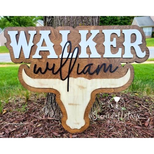 Bull Horns Baby Name Sign / Bull Boy Nursery Door Hanger / Wood Hospital Door Hanger / Western Rodeo Sign / Round Name Baby Sign Boy